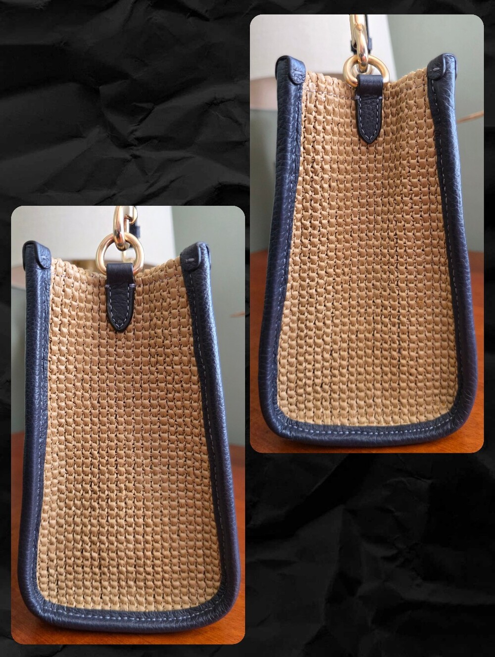 Coach CA291 Dempsey 22 Coach Patch Straw Navy Leather Crossbody Tote - Picture 3 of 16